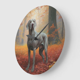 Weimaraner in Autumn Leaves Fall Inspire  Large Clock