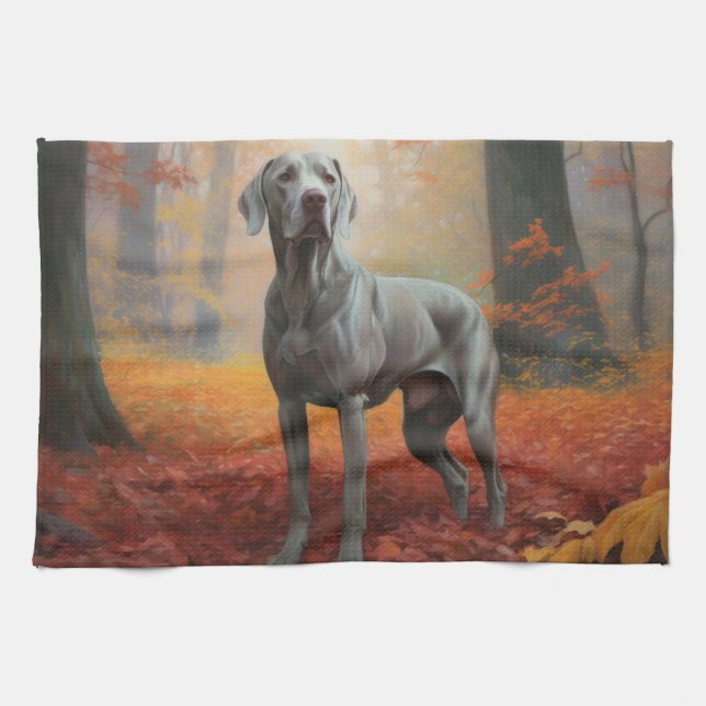 Weimaraner in Autumn Leaves Fall Inspire  Tea Towel (Horizontal)