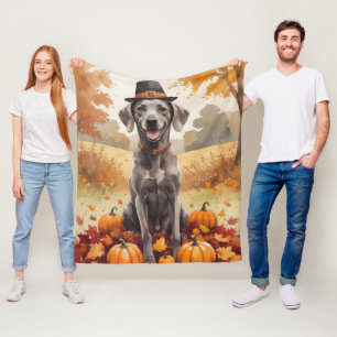 Weimaraner In Autumn Leaves Thanksgiving Art Fleece Blanket