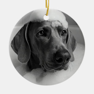 Weimaraner in the bath with bubbles on his head ceramic tree decoration