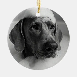 Weimaraner in the bath with bubbles on his head ceramic tree decoration