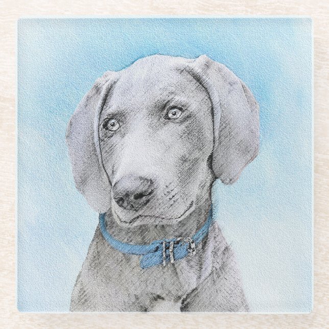 Weimaraner Painting - Cute Original Dog Art Glass Coaster (Front)
