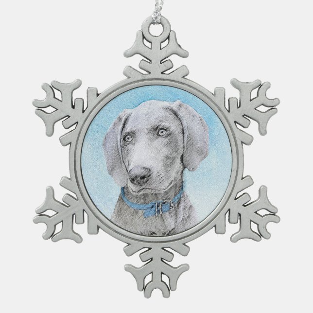 Weimaraner Painting - Cute Original Dog Art Snowflake Pewter Christmas Ornament (Front)