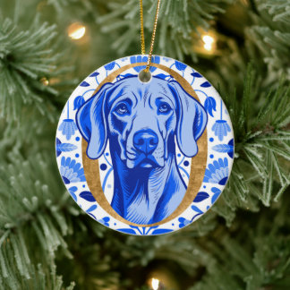 Weimaraner peering thru the letter "O" in Gold Ceramic Tree Decoration
