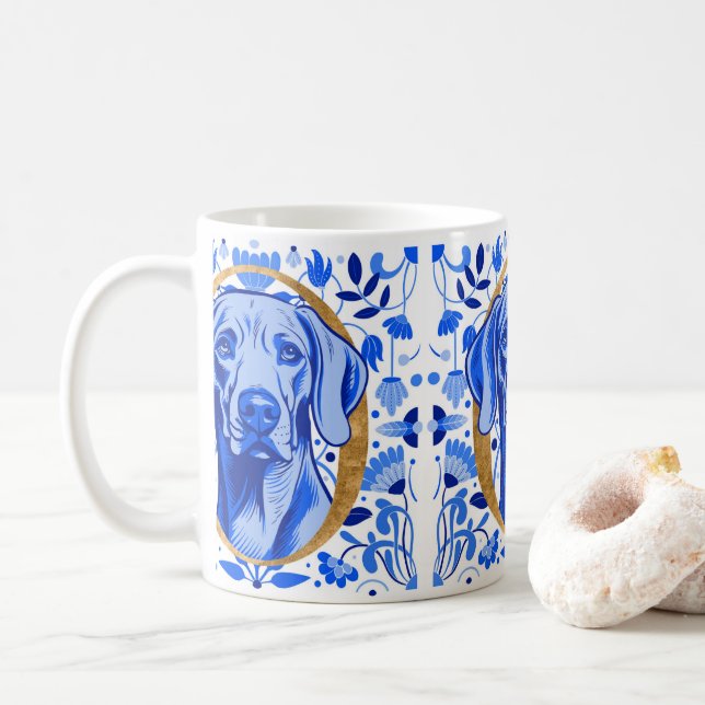 Weimaraner peering thru the letter "O" in Gold Coffee Mug (With Donut)