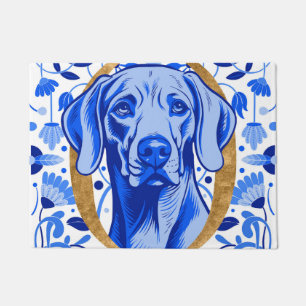Weimaraner peering thru the letter "O" in Gold Doormat