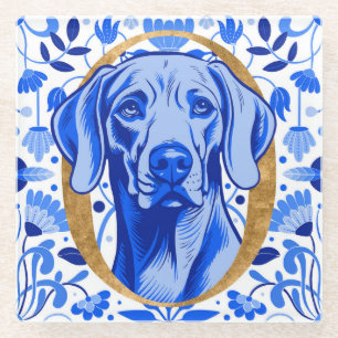 Weimaraner peering thru the letter "O" in Gold Glass Coaster