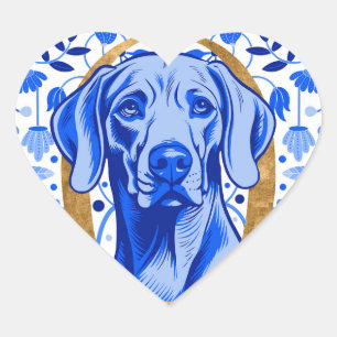 Weimaraner peering thru the letter "O" in Gold Heart Sticker