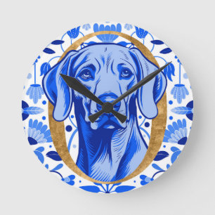 Weimaraner peering thru the letter "O" in Gold Round Clock