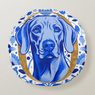 Weimaraner peering thru the letter "O" in Gold Round Cushion