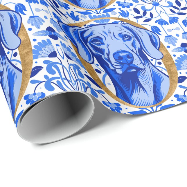 Weimaraner peering thru the letter "O" in Gold Wrapping Paper (Roll Corner)