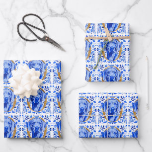 Weimaraner peering thru the letter "O" in Gold Wrapping Paper Sheet