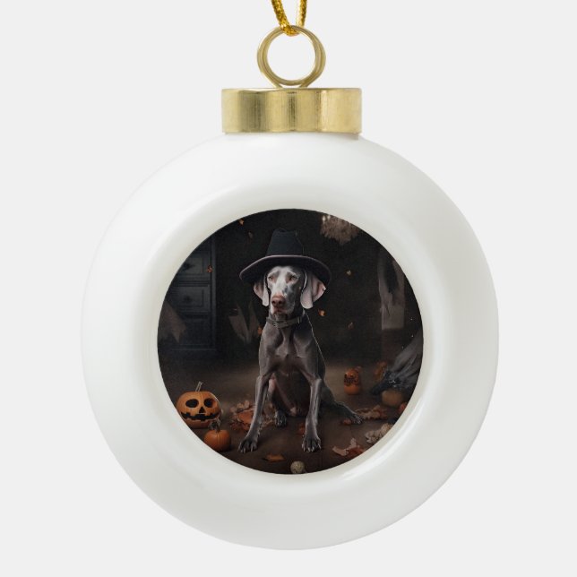Weimaraner Pumpkins Halloween Scary Ceramic Ball Christmas Ornament (Front)