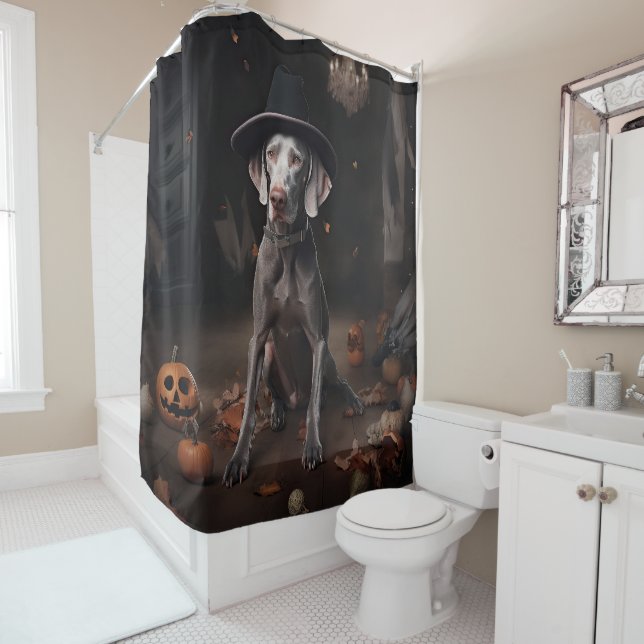 Weimaraner Pumpkins Halloween Scary Shower Curtain (In Situ)