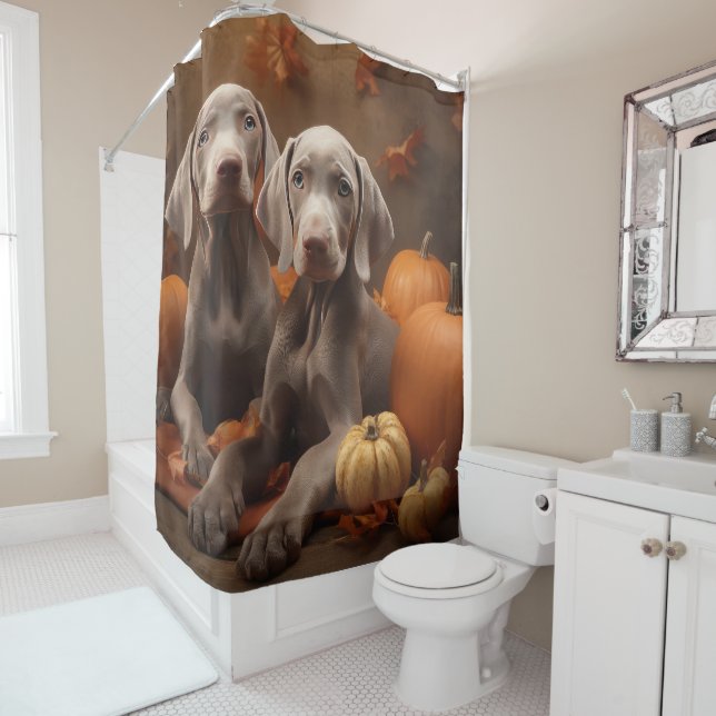 Weimaraner Puppy Autumn Delight Pumpkin Shower Curtain (In Situ)