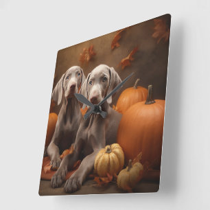 Weimaraner Puppy Autumn Delight Pumpkin Square Wall Clock