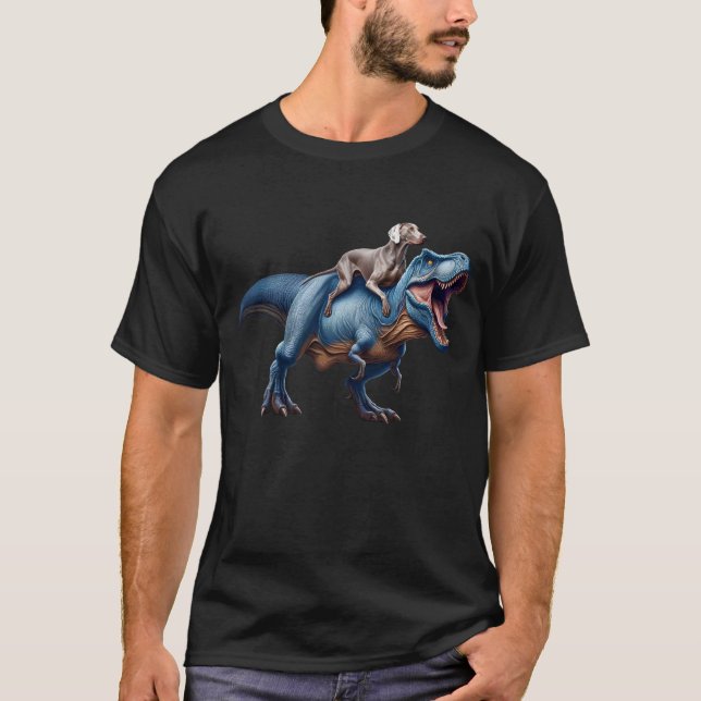 Weimaraner Riding Dinosaur Lover T-Shirt (Front)