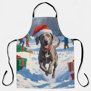 Weimaraner Running in Snow with Christmas Hat Apron