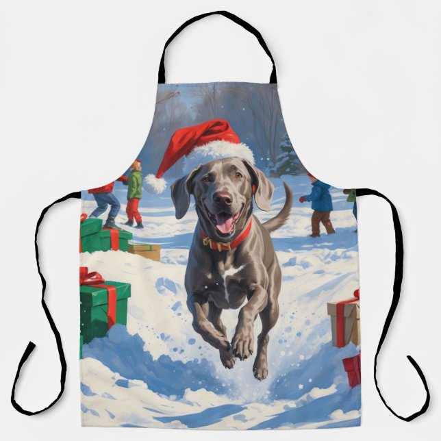 Weimaraner Running in Snow with Christmas Hat Apron (Front)