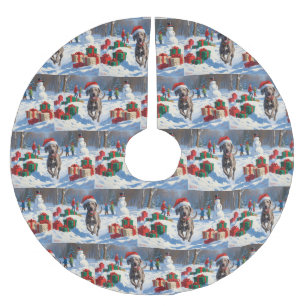 Weimaraner Running in Snow with Christmas Hat Brushed Polyester Tree Skirt