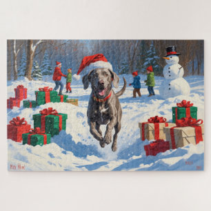 Weimaraner Running in Snow with Christmas Hat Jigsaw Puzzle