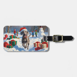 Weimaraner Running in Snow with Christmas Hat Luggage Tag