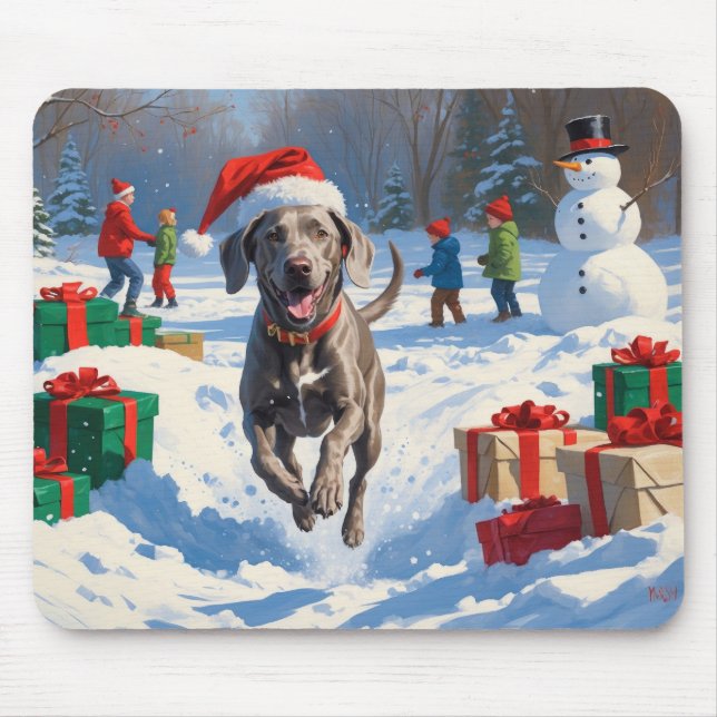 Weimaraner Running in Snow with Christmas Hat Mouse Mat (Front)