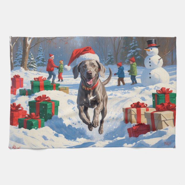 Weimaraner Running in Snow with Christmas Hat Tea Towel (Horizontal)