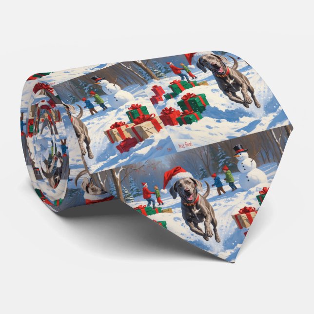 Weimaraner Running in Snow with Christmas Hat Tie (Rolled)