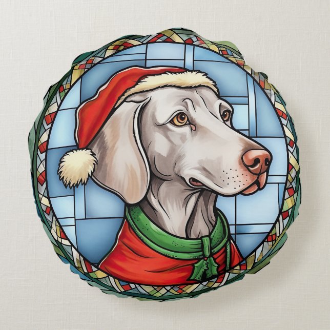 Weimaraner Stained Glass Christmas Round Cushion (Back)