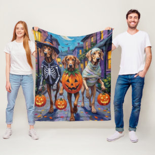 Weimaraner Trick-or-Treating in Halloween Costumes Fleece Blanket