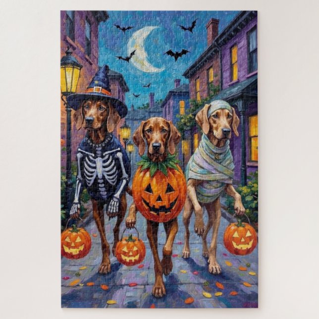 Weimaraner Trick-or-Treating in Halloween Costumes Jigsaw Puzzle (Vertical)