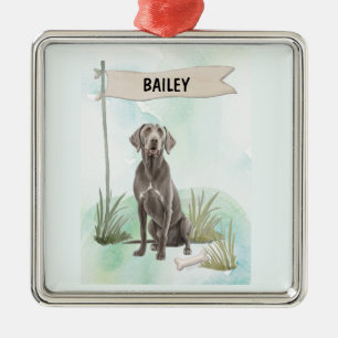 Weimaraner Watercolor Personalised Dog Metal Tree Decoration