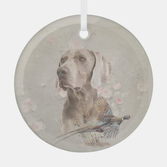 Weimaraner With Pheasant  Glass Tree Decoration (Front)