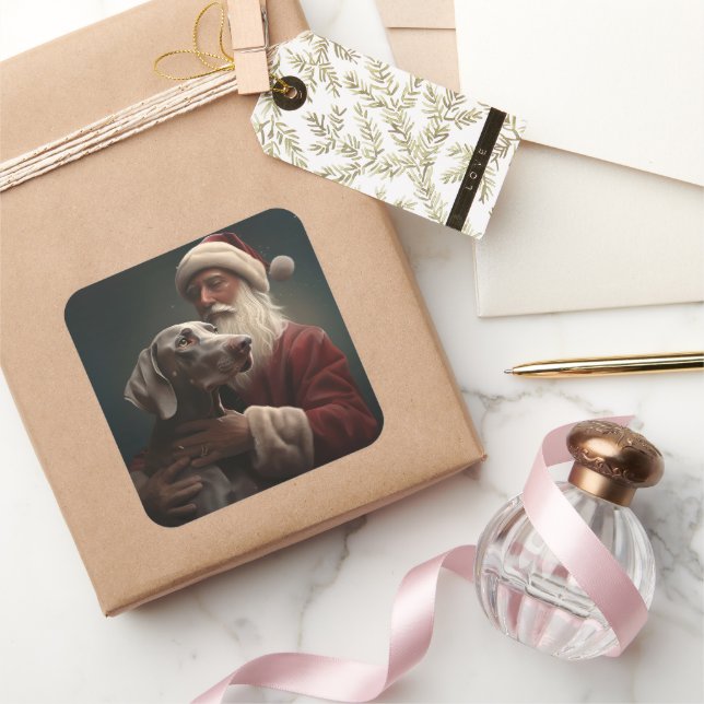 Weimaraner With Santa Claus Festive Christmas Square Sticker (Gifting)