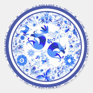 Weimaraners, Rabbits and Birds Otomi Blue & White  Classic Round Sticker