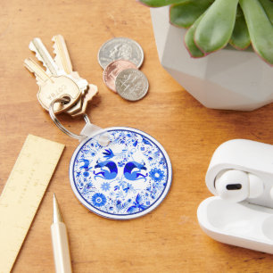 Weimaraners, Rabbits and Birds Otomi Blue & White Key Ring
