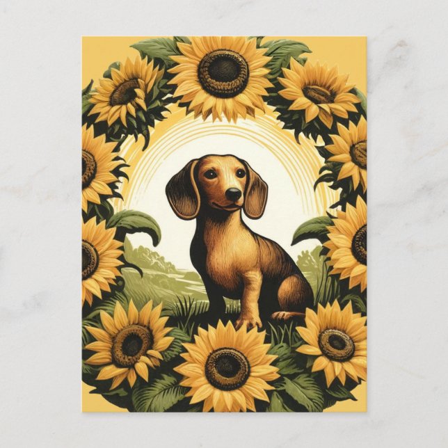 Weiner Dog Dachshund Art Sunflowers                Postcard (Front)