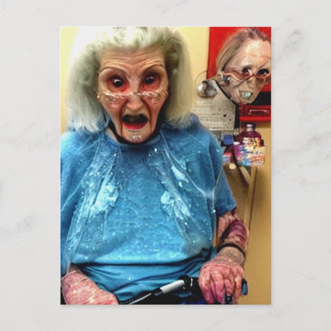 Weird Bizarre Terrified Granny Postcard (Front)