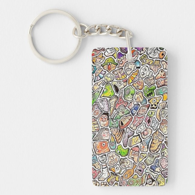 Weird Cartoon Faces Color Pencil Key Ring (Front)