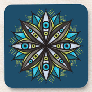 Weird Eyes Mandala Art - Trippy Flower Blue Green Coaster