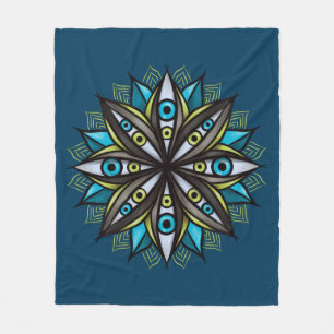 Weird Eyes Mandala Art - Trippy Flower Blue Green Fleece Blanket