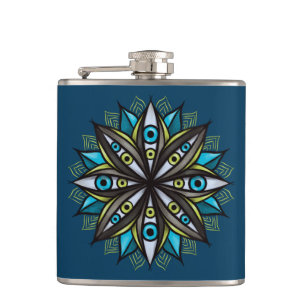 Weird Eyes Mandala Art - Trippy Flower Blue Green Hip Flask