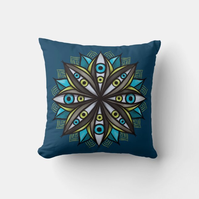 Weird Eyes With Double Iris Flower Mandala Cushion (Front)