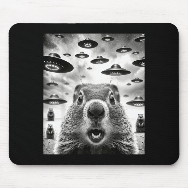 Weird Groundhogs Selfie With Alien Ufo Funny Groun Mouse Mat (Front)