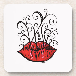 Weird Lips Ink Drawing Tattoo Style Coaster