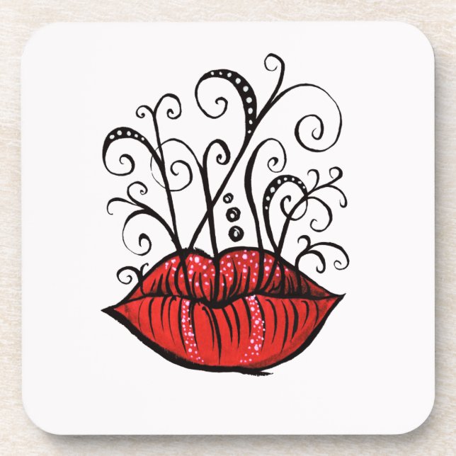 Weird Lips Ink Drawing Tattoo Style Coaster (Front)