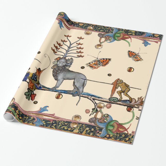WEIRD MEDIEVAL BESTIARY,APOCALIYPTIC BEAST,UNICORN WRAPPING PAPER (Unrolled)
