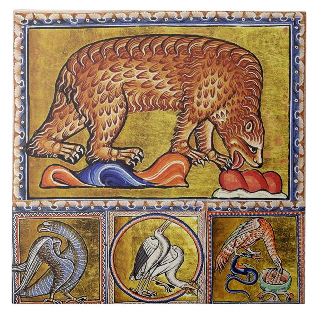 WEIRD MEDIEVAL BESTIARY,BEAR,FOREST ANIMALS BIRDS TILE (Front)