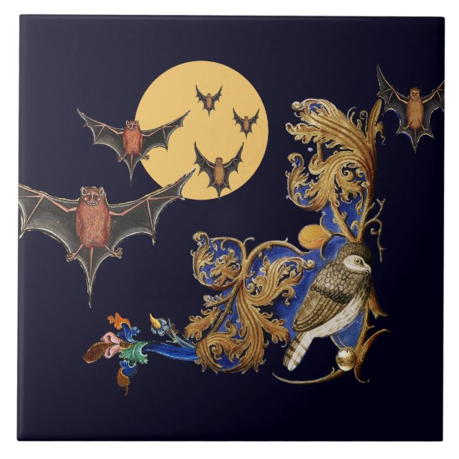 WEIRD MEDIEVAL BESTIARY,BIRD,BATS IN NIGHT BLUE  TILE (Front)